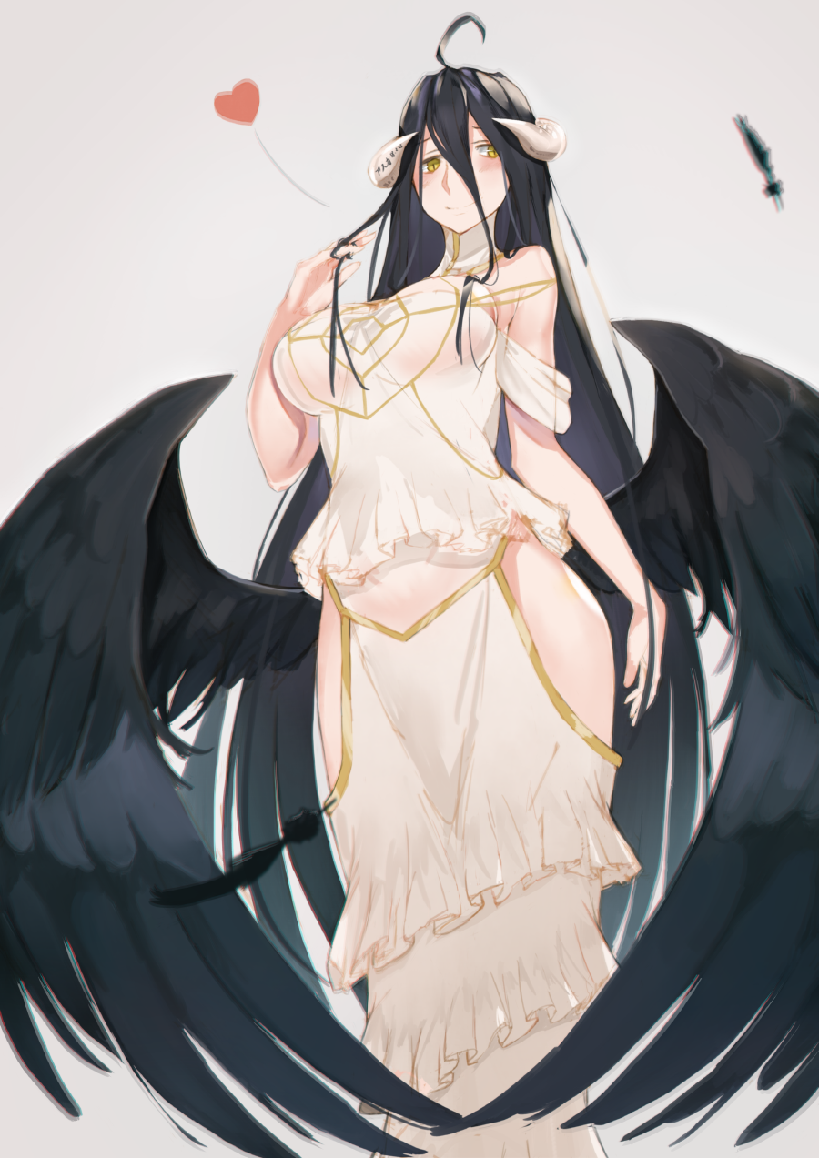 1girl, albedo, bare_shoulders, black_hair, breasts, demon_girl, demon_horns, demon_wings