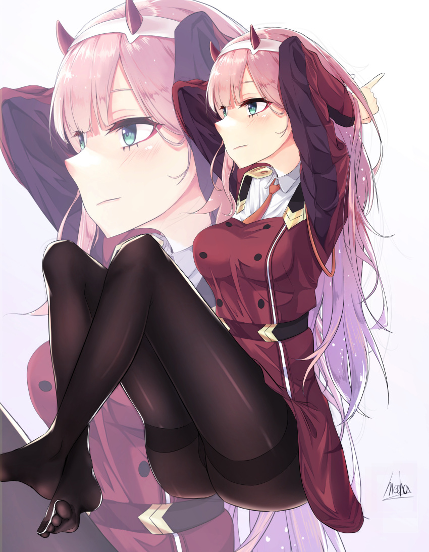 1girl, absurdres, alswp5806, breasts, darling_in_the_franxx, feet, green_eyes, highres, horns, large_breasts, legs_crossed, long_hair, military, military_uniform, necktie, pantyhose, pink_hair, simple_background, smile, solo, uniform, white_background, zero_two_(darling_in_the_franxx)