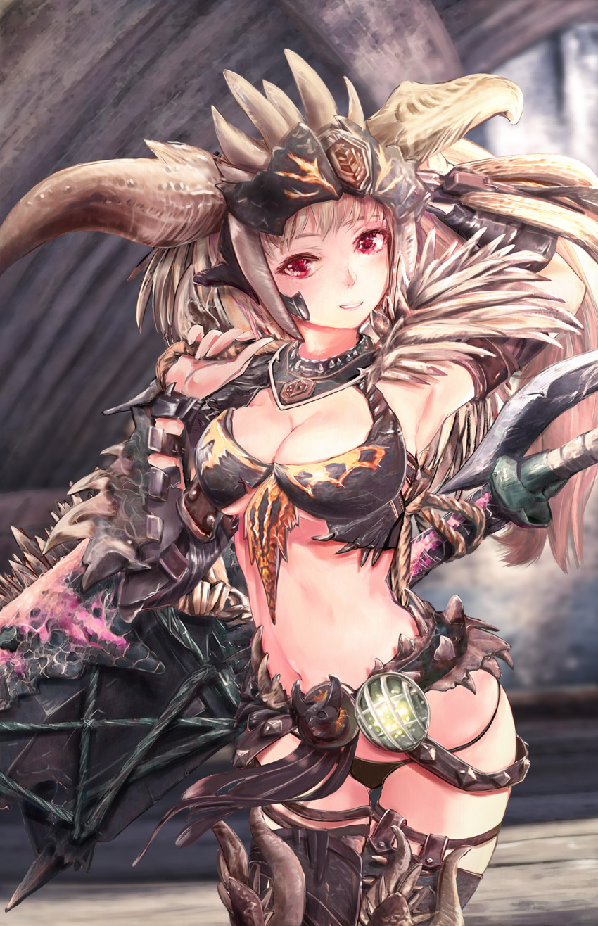 1girl, arm_up, armor, armpits, axe, belt, bikini_armor, blonde_hair