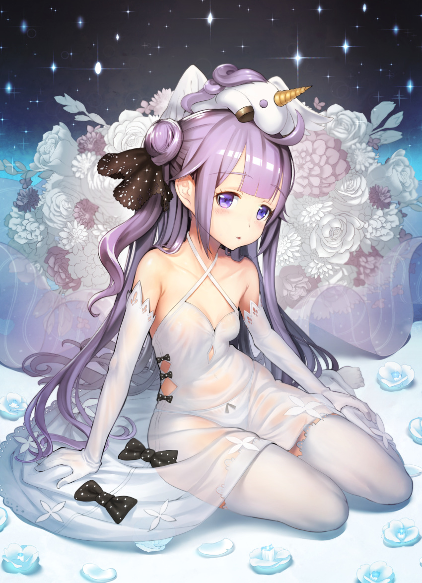 1girl, arm_support, azur_lane, bangs, bare_shoulders, black_bow, black_ribbon, blush, bow, bow_panties, commentary_request, criss-cross_halter, dress, elbow_gloves, flower, full_body, gloves, hair_bun, halterneck, highres, looking_at_viewer, one_side_up, panties, purple_hair, qbase, revision, ribbon, see-through, shiny, shiny_hair, side_bun, sidelocks, sitting, stuffed_animal, stuffed_toy, stuffed_unicorn, thigh-highs, underwear, unicorn_(azur_lane), violet_eyes, wedding, white_dress, white_gloves, white_legwear, white_panties, yokozuwari