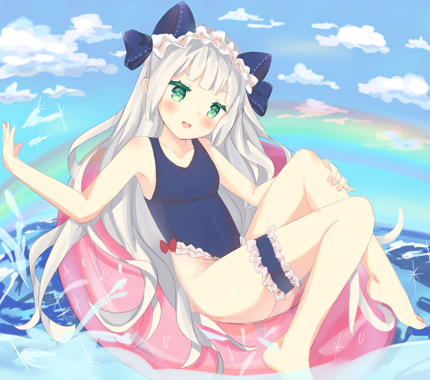 1girl, :d, bangs, bare_arms, bare_shoulders, barefoot, blue_bow, blue_sky