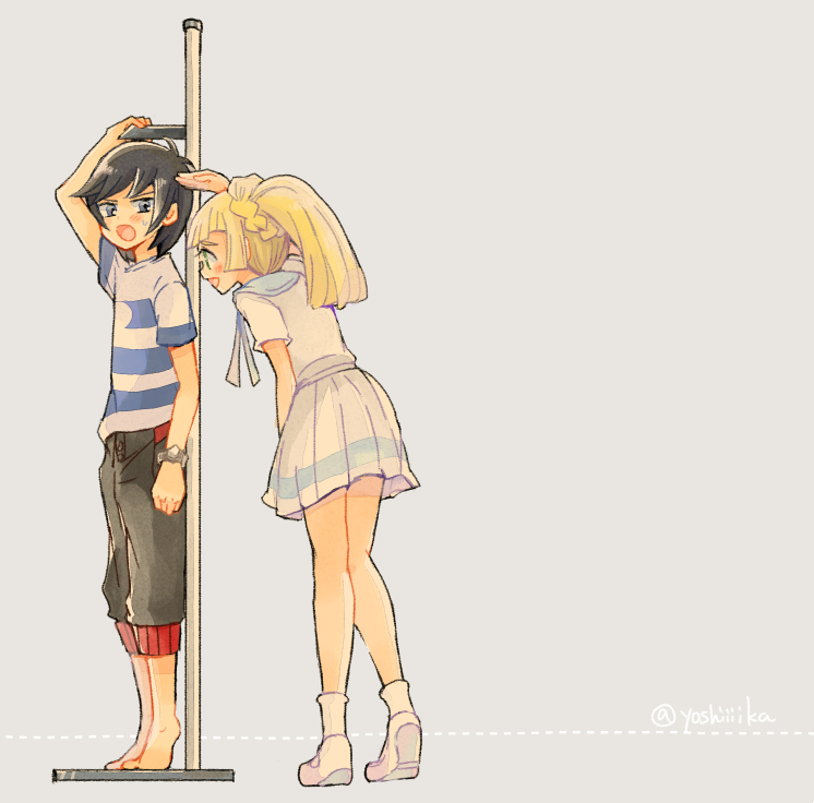1boy, 1girl, black_hair, blonde_hair, capri_pants, height_rod, lillie_(pokemon), long_hair