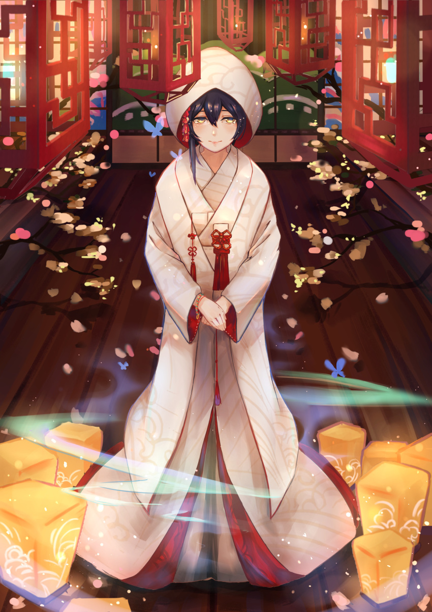 1girl, bangs, blue_hair, bride, dress, eyebrows_visible_through_hair, hair_between_eyes, hair_ornament, hands_together, highres, hood, japanese_clothes, kimono, lantern, long_hair, looking_at_viewer, love_live!, love_live!_school_idol_project, solo, sonoda_umi, standing, uchikake, wedding, wedding_dress, white_kimono, wide_sleeves, xyufsky, yellow_eyes