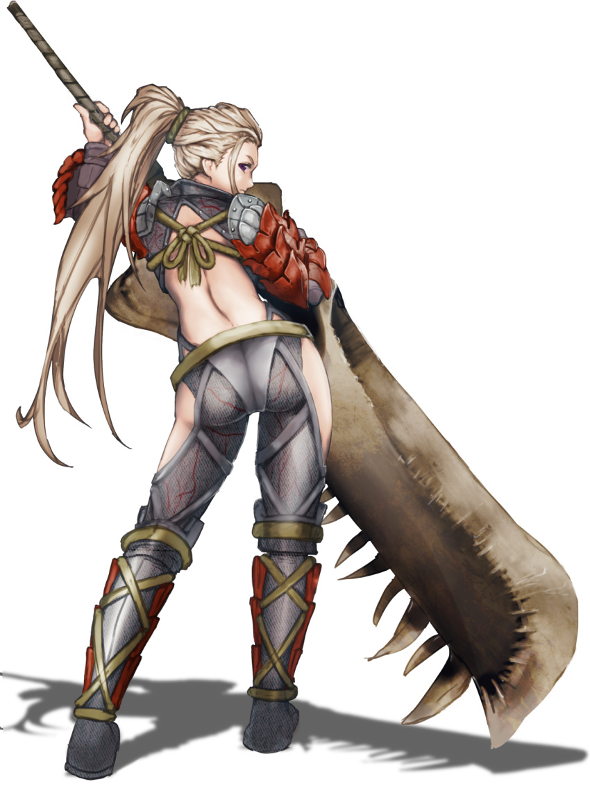 1girl, arm_up, armor, ass, back, backless_outfit, bare_back, blonde_hair