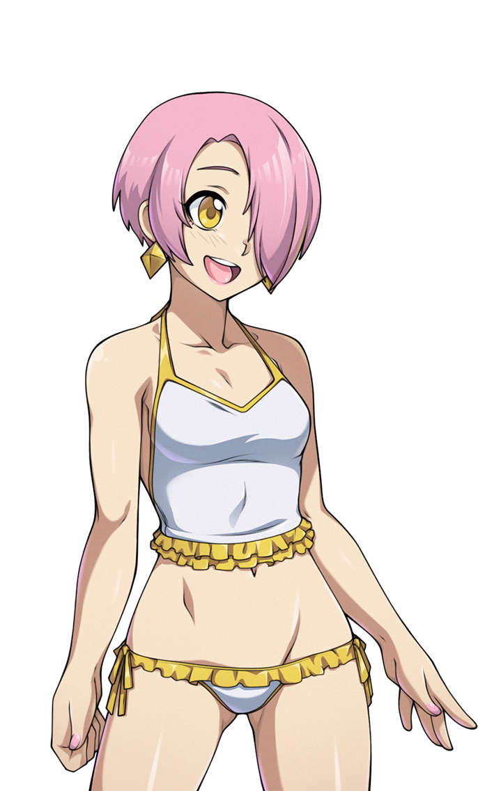 1girl, amika_heartome, bikini, breasts, cleavage, crop_top, earrings, fearless_night, frilled_bikini, frills, hair_over_one_eye, jewelry, lipstick, lowleg, lowleg_bikini, makeup, nail_polish, navel, no_hat, no_headwear, pink_hair, pink_nails, short_hair, small_breasts, solo, spike_wible, swimsuit, yellow_eyes