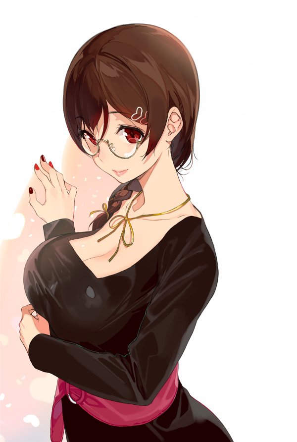 1girl, braid, breasts, brown_hair, cleavage, commentary_request, hair_ornament, hairclip