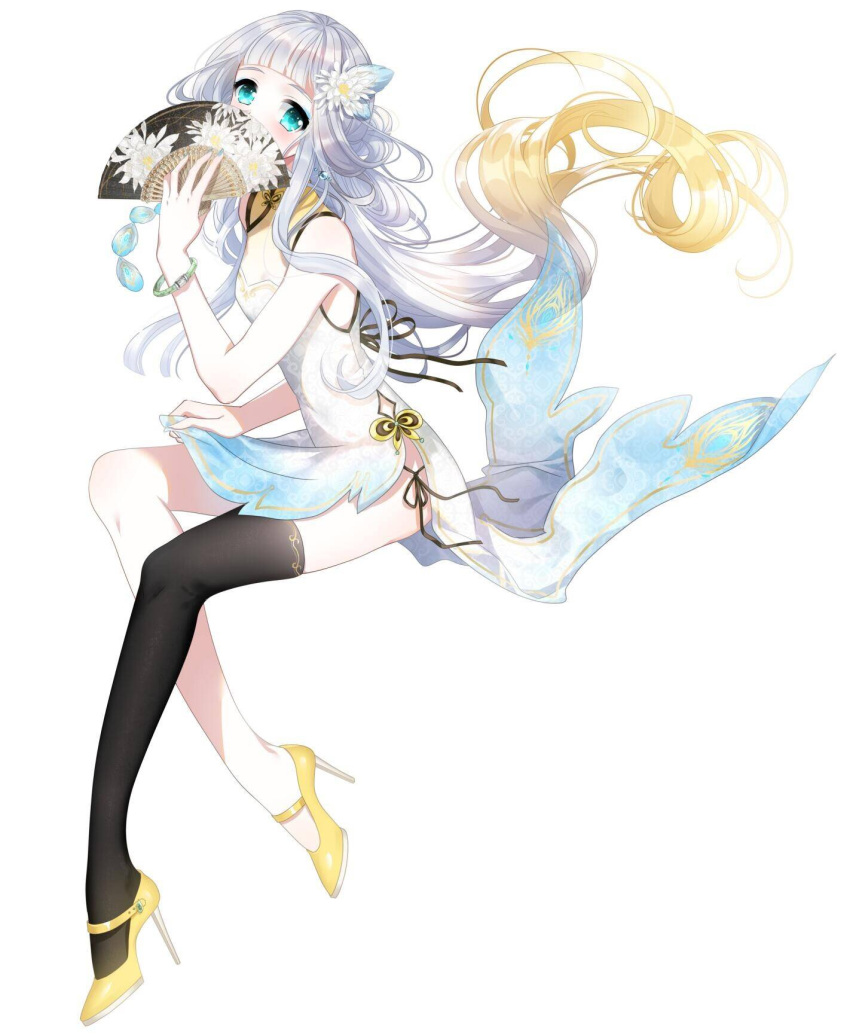 1girl, bangs, bare_shoulders, black_legwear, blonde_hair, blue_eyes, blue_nails, blunt_bangs