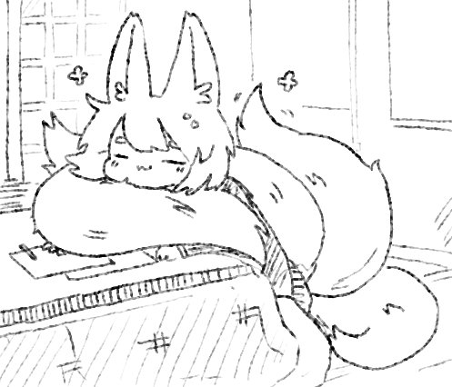1girl, :3, animal_ears, bangs, commentary, fox_ears, fox_tail, inari_(monster_girl_encyclopedia), kotatsu, latenight, lowres, monster_girl_encyclopedia, multiple_tails, short_hair, smile, solo, sparkle, table, tail, tail_pillow
