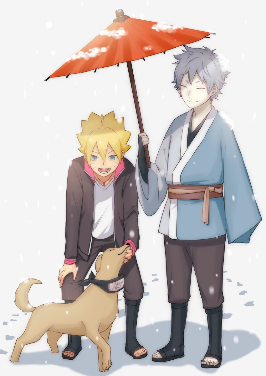 2boys, absurdres, blonde_hair, blue_eyes, boruto:_naruto_next_generations, boruto:_naruto_the_movie, closed_eyes, dog, forehead_protector, grey_hair, highres, komedai, male_focus, mitsuki_(naruto), multiple_boys, smile, snow, umbrella, uzumaki_boruto