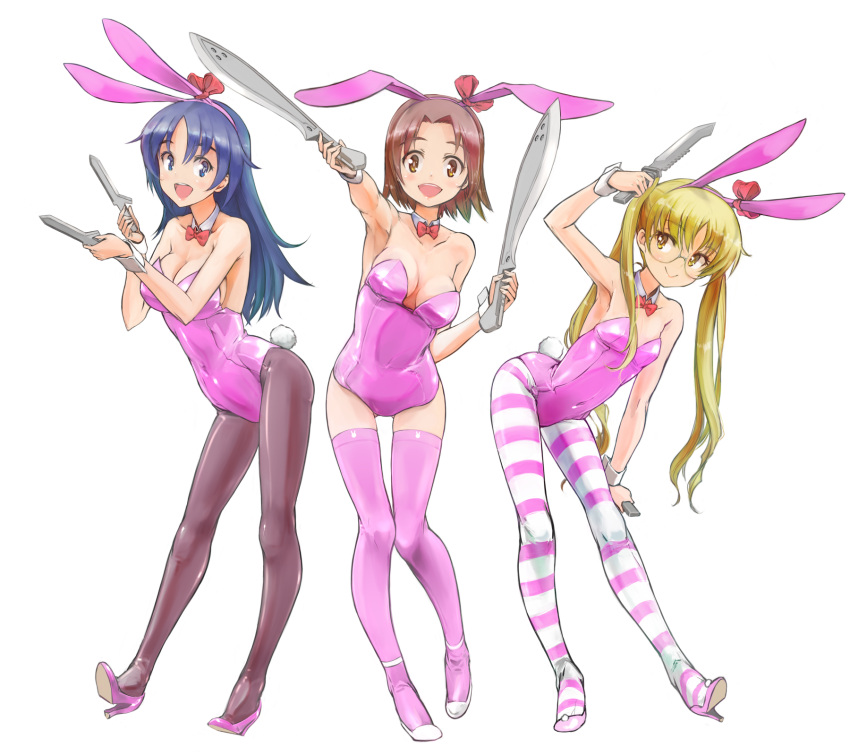 3girls, animal_ears, bangs, black_legwear, blue_eyes, blue_hair, bow, bowtie, breasts, brown_eyes, brown_hair, bunny_tail, bunnysuit, chikuwa_(tks), cleavage, closed_mouth, commentary_request, covered_navel, detached_collar, dual_wielding, ear_ribbon, girls_und_panzer, high_heels, highres, holding, holding_knife, knife, leotard, long_hair, looking_at_another, looking_at_viewer, medium_breasts, multiple_girls, oono_aya, pantyhose, parted_bangs, pink_footwear, pink_legwear, pink_leotard, pose, rabbit_ears, red_neckwear, red_ribbon, ribbon, sawa_azusa, short_hair, side-by-side, simple_background, small_breasts, smile, standing, strapless, strapless_leotard, striped, striped_legwear, tail, thigh-highs, twintails, white_background, white_footwear, wristband, yamagou_ayumi