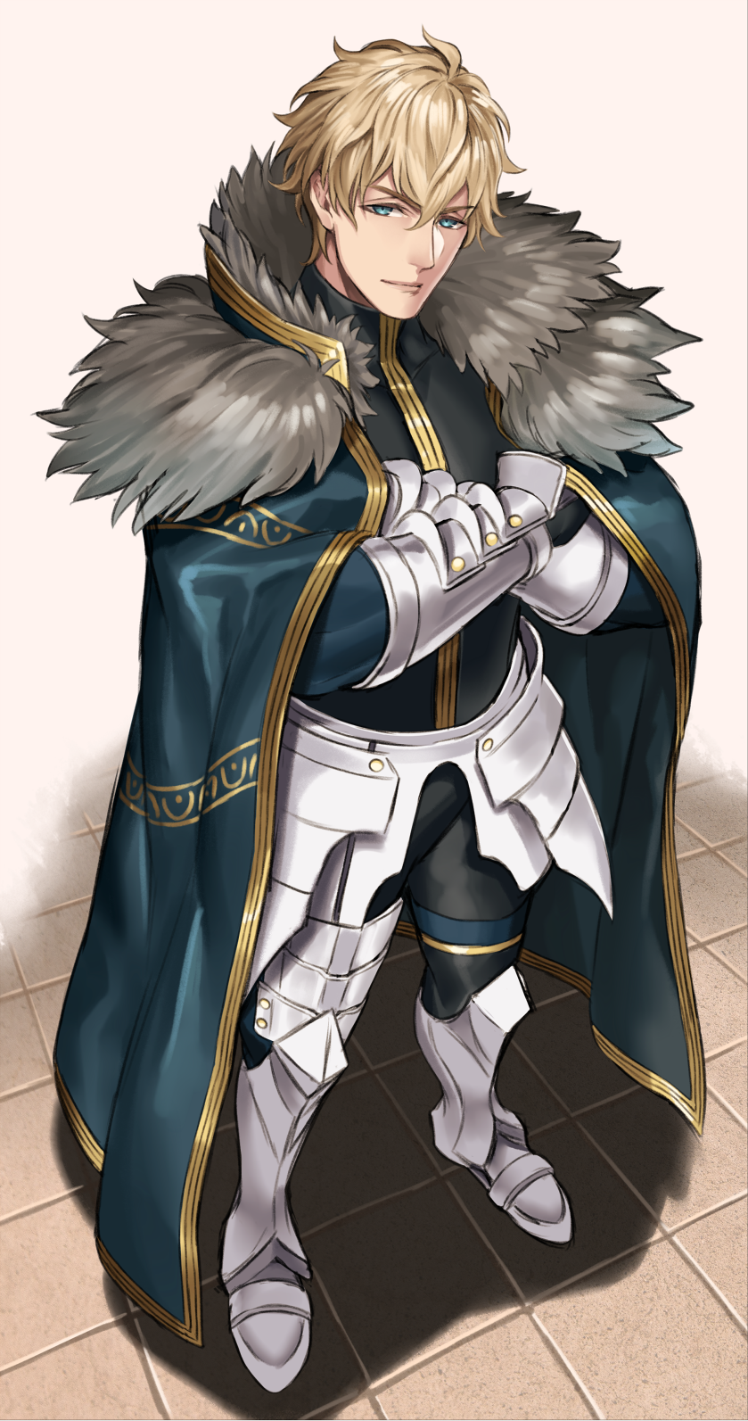 1boy, armor, blonde_hair, blue_eyes, cape, crossed_arms, fate/extra, fate/extra_ccc