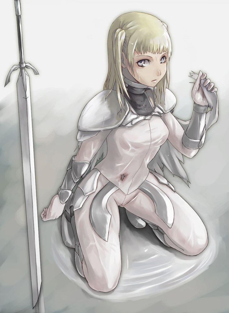 blonde_hair, claymore, claymore_(sword), dietrich, face, grey_eyes, kneeling, long_hair