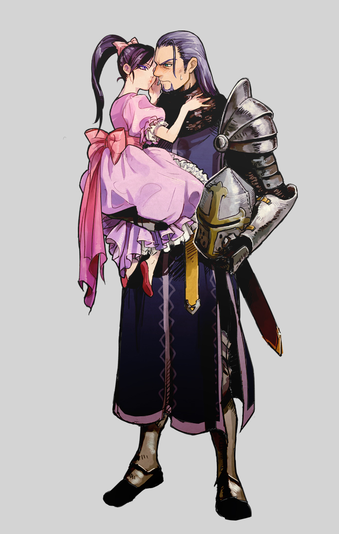 1boy, 1girl, armor, beard, blue_eyes, blush, carrying, dragon_quest