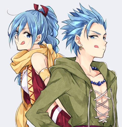 1boy, 1girl, :q, armband, blue_eyes, blue_hair, braid, brother_and_sister