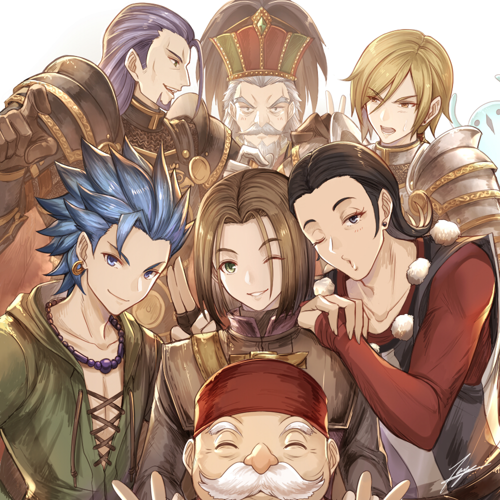 6+boys, armor, beard, black_hair, blonde_hair, blue_eyes, blue_hair, brown_hair, camus_(dq11), closed_eyes, crown, dragon_quest, dragon_quest_xi, earrings, facial_hair, fingerless_gloves, gloves, green_eyes, greig, hat, hero_(dq11), homeros_(dq11), jewelry, king_of_delcadar, long_hair, male_focus, multiple_boys, mustache, purple_hair, row_(dq11), smile, spiky_hair, sylvia_(dq11), tenyo0819, white_hair, yellow_eyes