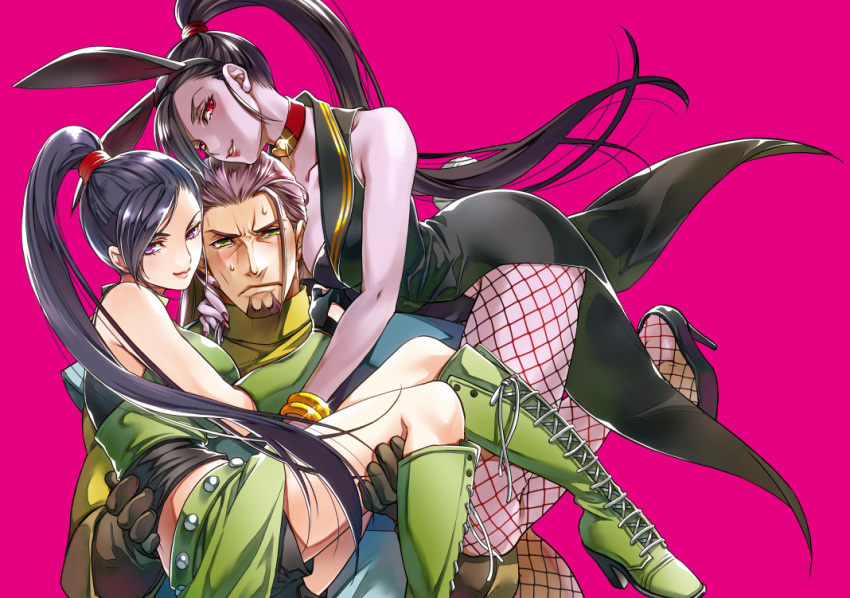 1boy, 2girls, animal_ears, beard, black_hair, boots, breasts, bunnysuit