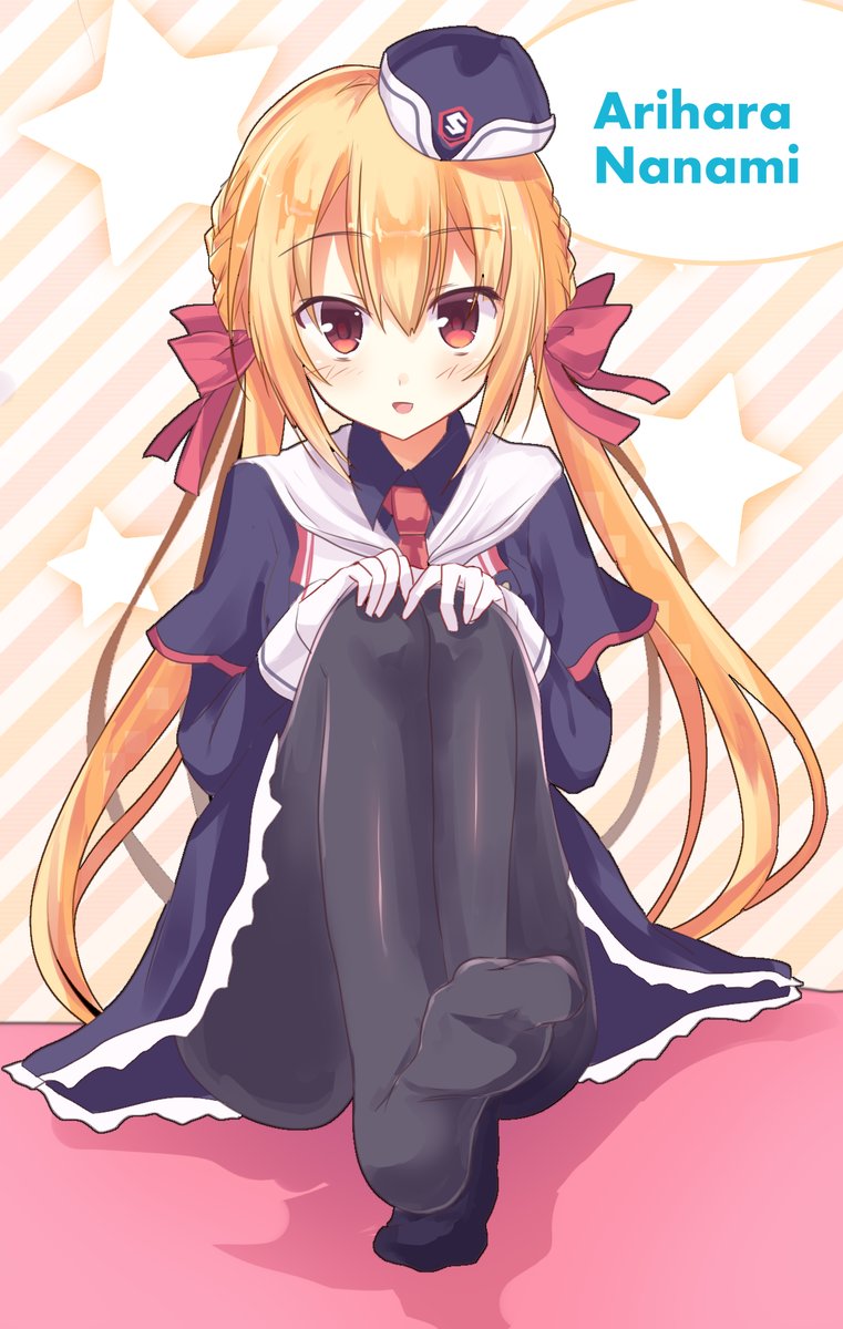 1girl, ameno_ame, arihara_nanami, black_legwear, blonde_hair, dress, hair_ribbon, hat, highres, long_hair, necktie, pantyhose, red_eyes, ribbon, riddle_joker, smile, twintails, yuzu-soft