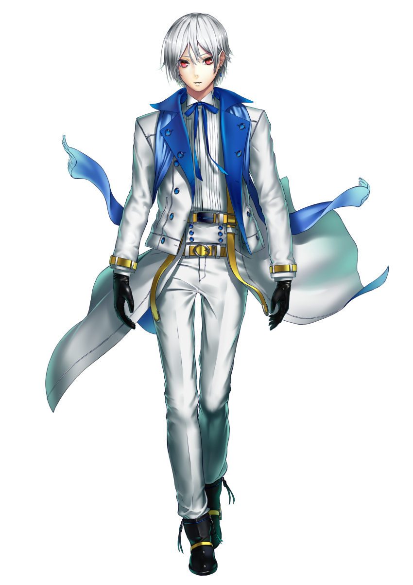 1boy, absurdres, arms_at_sides, belt, black_footwear, black_gloves, full_body, gloves, grey_hair, highres, male_focus, master-kouhei, pants, personification, red_eyes, snow_dragon_(racehorse), solo, standing, umabi, white_pants