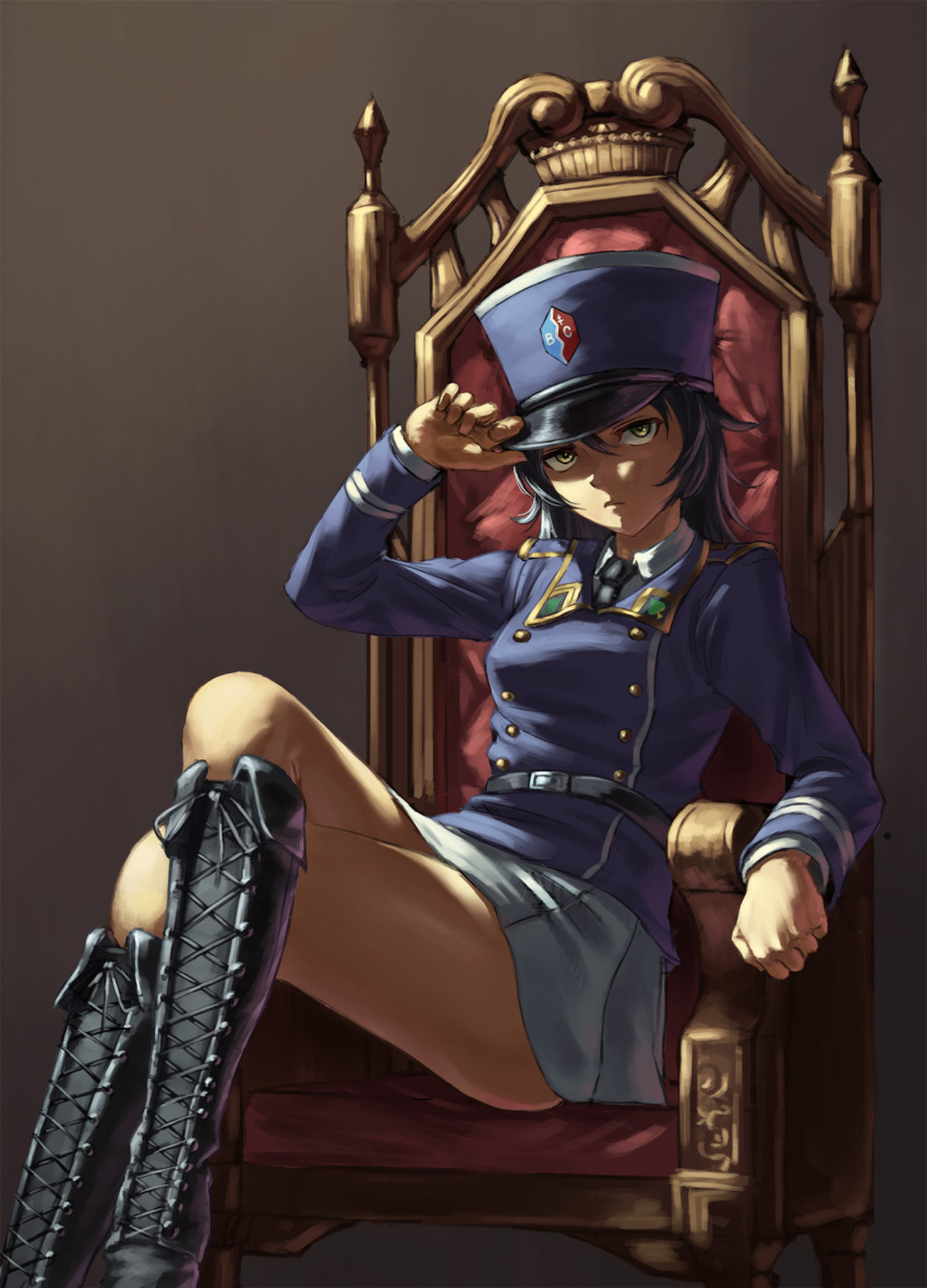 1girl, adapted_uniform, adjusting_clothes, adjusting_hat, andou_(girls_und_panzer), arm_rest, bc_freedom_(emblem), bc_freedom_military_uniform, black_belt, black_footwear, black_hair, black_neckwear, blue_hat, blue_jacket, boots, brown_eyes, cross-laced_footwear, dark_skin, dress_shirt, emblem, girls_und_panzer, grey_background, hat, highres, jacket, knee_boots, lace-up_boots, legs_crossed, long_sleeves, looking_at_viewer, medium_hair, michitarou, miniskirt, necktie, pleated_skirt, shako_cap, shirt, sitting, skirt, solo, thighs, throne, white_shirt, white_skirt, wing_collar