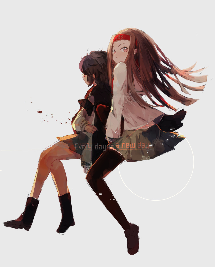 2girls, 32_(rt_32_bbk), absurdres, bangs, black_hair, black_legwear, black_neckwear, blouse, boots, brown_eyes, brown_footwear, brown_hair, closed_mouth, english, from_side, girls_und_panzer, glasses, green_skirt, grey_background, haori, headband, highres, invisible_chair, japanese_clothes, loafers, long_hair, long_sleeves, looking_at_viewer, looking_back, messy_hair, miniskirt, multiple_girls, neckerchief, ooarai_school_uniform, open_eyes, oryou_(girls_und_panzer), pleated_skirt, red-framed_eyewear, red_headband, saemonza, school_uniform, serafuku, shoes, short_ponytail, sitting, sketch, skirt, smile, thigh-highs, white_blouse, wind