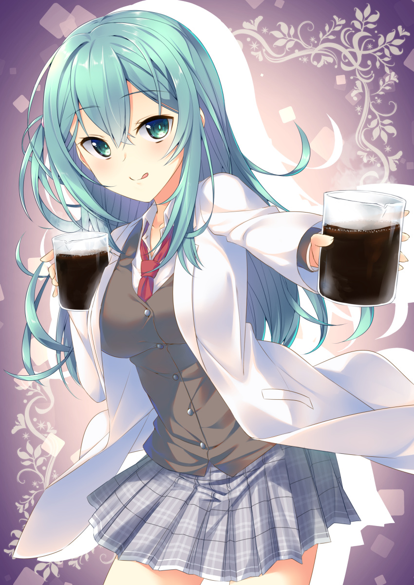 1girl, :p, absurdres, beaker, blue_eyes, blue_hair, blush, breasts