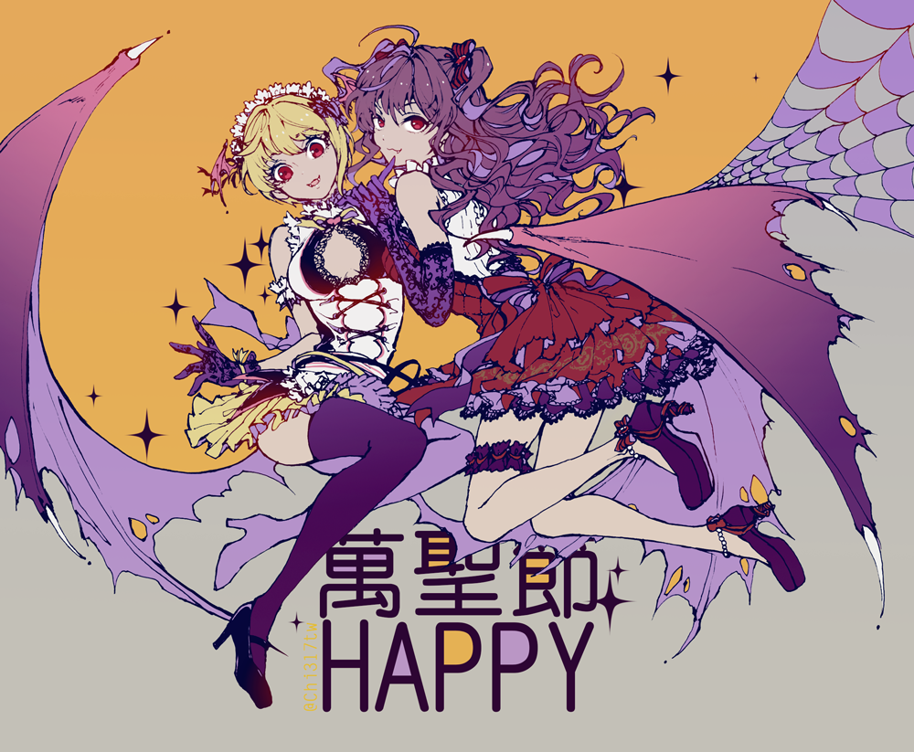2girls, :3, ahoge, alternate_eye_color, arm_cuffs, backless_outfit, ballpoint_pen_(medium), bangs, bat_wings, black_bow, black_footwear, black_gloves, black_legwear, blonde_hair, bow, breasts, breasts_apart, chimoon, cleavage_cutout, closed_mouth, dress, elbow_gloves, eyelashes, fang, fangs, finger_to_mouth, flat_color, frilled_shirt, frills, from_behind, full_body, gloves, grey_background, hair_bow, hair_intakes, head_tilt, head_wings, high_heels, ichinose_shiki, idolmaster, idolmaster_cinderella_girls, idolmaster_cinderella_girls_starlight_stage, knees_up, lace, lace-trimmed_dress, lace_gloves, layered_dress, leg_garter, long_hair, looking_at_viewer, looking_back, maid_headdress, medium_breasts, miyamoto_frederica, multiple_girls, muted_color, open-back_dress, open_mouth, orange_background, pearl, pleated_skirt, purple_bow, purple_footwear, purple_gloves, purple_hair, red_bow, red_dress, red_eyes, red_ribbon, ribbed_shirt, ribbon, shirt, shoe_ribbon, short_hair, sideboob, silk, single_sidelock, skirt, sleeveless, sparkle, spider_web, striped, striped_bow, text, thigh-highs, torn_wings, traditional_media, twitter_username, two_side_up, underbust, vampire, wavy_hair, white_shirt, wings, yellow_ribbon, yellow_skirt