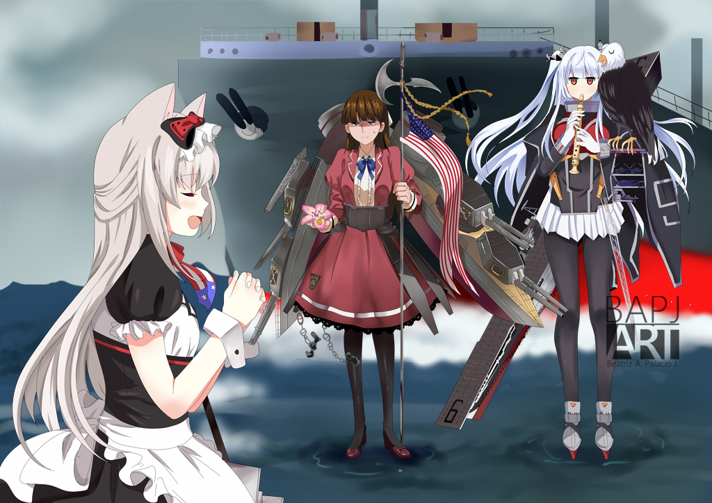 3girls, american_flag, anger_vein, animal_ears, azur_lane, bald_eagle, bell_mccamp_(zhan_jian_shao_nyu), beta_(joutarou)