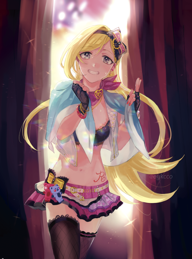 1girl, backstage, bangs, belt, black_bow, black_bra, black_legwear, blonde_hair