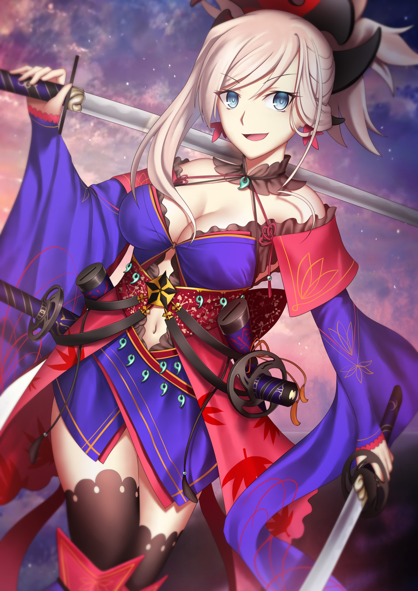 1girl, :d, absurdres, black_legwear, blue_dress, blue_eyes, breasts, choker, cleavage, dress, dual_wielding, earrings, eyebrows_visible_through_hair, fate/grand_order, fate_(series), hair_between_eyes, hair_ornament, highres, holding, holding_sword, holding_weapon, jewelry, katana, kuraka, long_hair, looking_at_viewer, medium_breasts, miyamoto_musashi_(fate/grand_order), navel, navel_cutout, open_mouth, outdoors, ponytail, short_dress, side_ponytail, silver_hair, smile, solo, standing, sword, thigh-highs, weapon