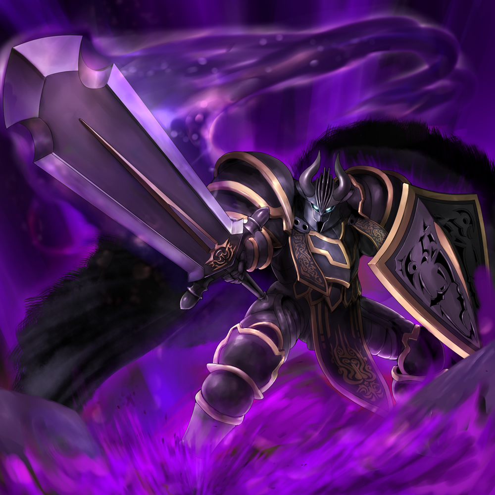 armor, black_cape, cape, dark_knight, dark_knight_(sennen_sensou_aigis), fighting_stance, gauntlets, glowing