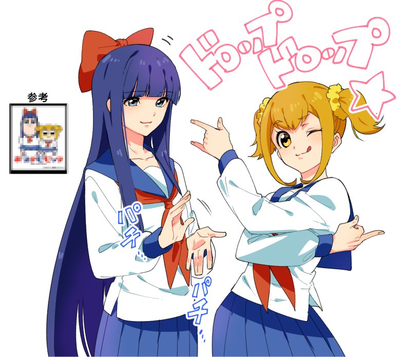 2girls, bishoujo_senshi_sailor_moon, blonde_hair, blue_eyes, blue_hair, blur_censor, bow, censored, clapping, copyright_name, cowboy_shot, eyebrows_visible_through_hair, hair_bow, long_hair, looking_at_another, looking_at_viewer, multiple_girls, one_eye_closed, pipimi, pleated_skirt, poptepipic, popuko, school_uniform, scrunchie, serafuku, short_hair, short_twintails, shuri_(84k), sidelocks, simple_background, skirt, tongue, tongue_out, tsuki_ni_kawatte_oshioki_yo, twintails, white_background, yellow_eyes