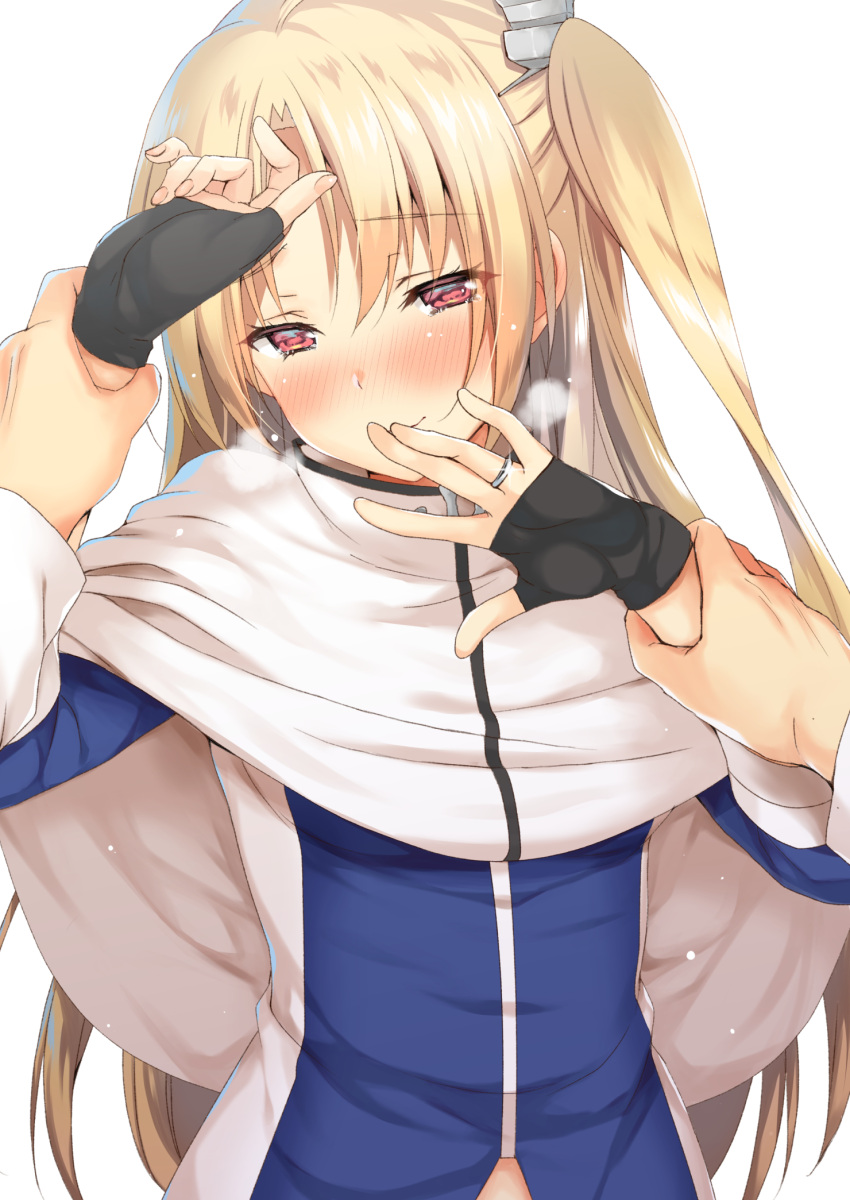 1girl, azur_lane, bangs, black_gloves, blonde_hair, blue_shirt, blush, capelet