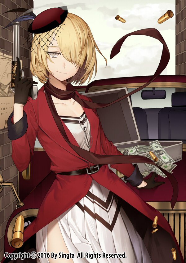 1girl, belt, belt_buckle, bent_elbow, black_belt, black_gloves, blonde_hair, brick