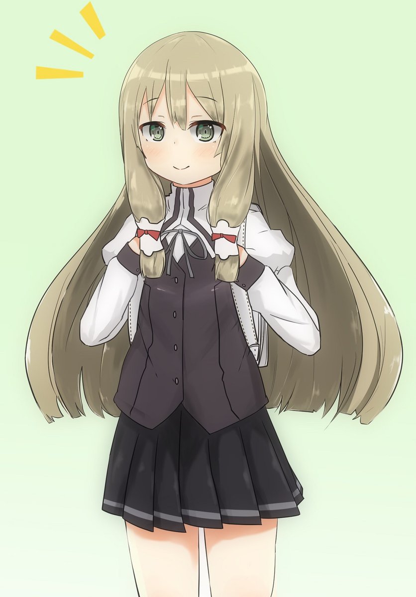 /\/\/\, 1girl, backpack, bag, black_skirt, blonde_hair, blush, closed_mouth