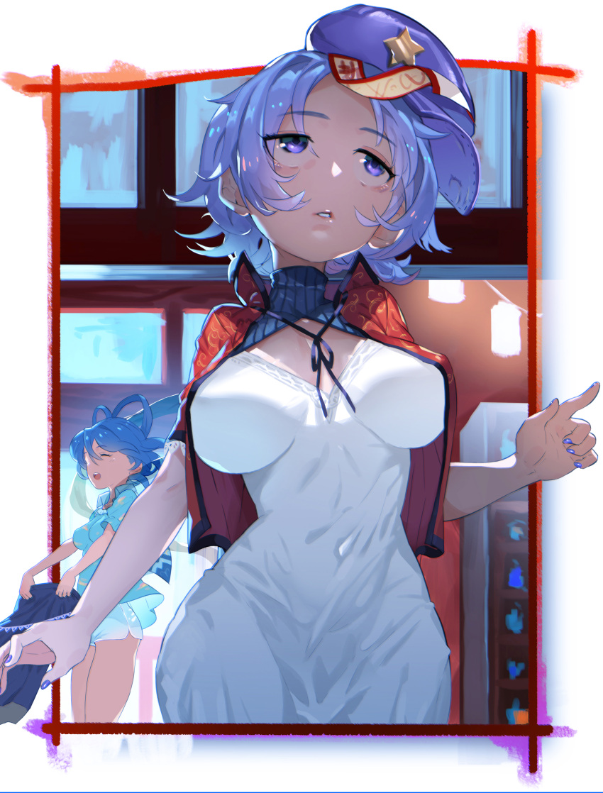 2girls, absurdres, arm_at_side, blue_hair, breasts, breasts_apart, chemise, closed_eyes