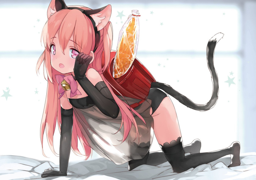1girl, all_fours, animal_ears, arm_up, babydoll, backpack, bag, bell