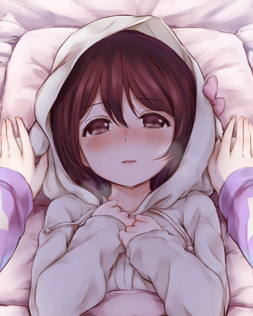 1girl, arm_up, bangs, bed_sheet, blanket, blush, bow, drawstring