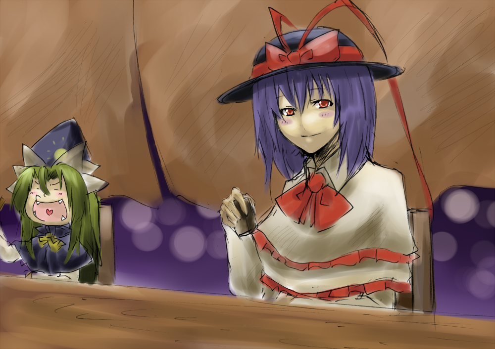 bad_id, food_stand, green_hair, grill, hat, long_hair, mima, multiple_girls