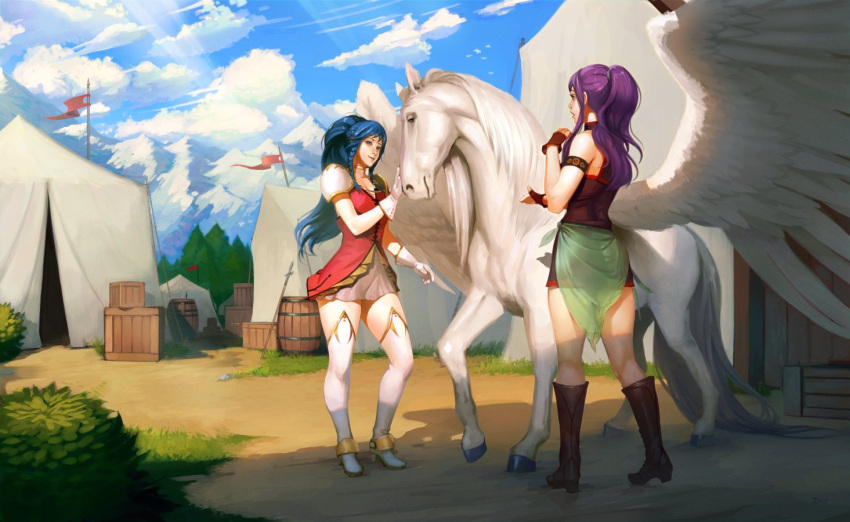 2girls, armlet, armor, bare_shoulders, blue_eyes, blue_hair, braid, fingerless_gloves