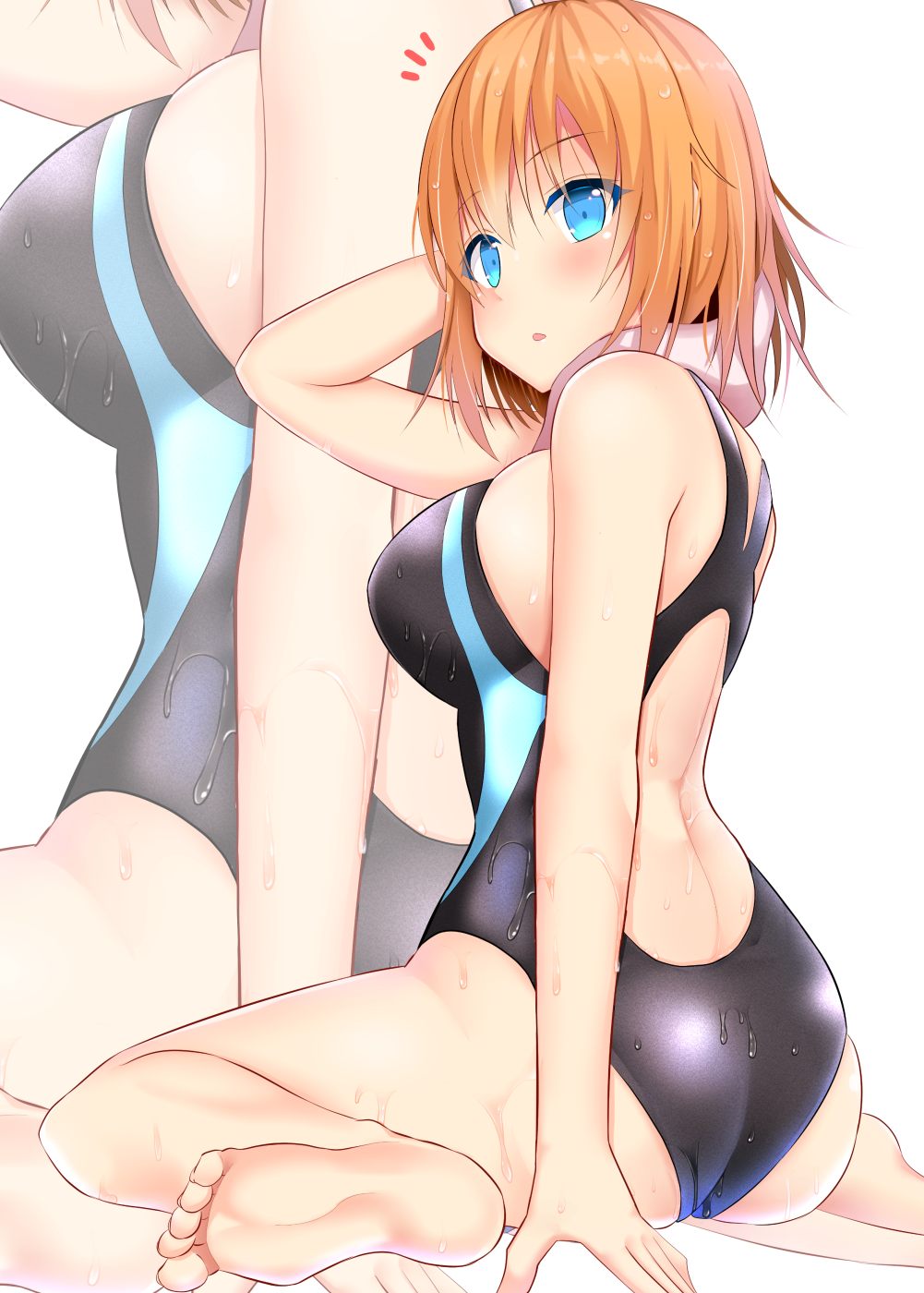 1girl, :o, arm_up, ass, bangs, black_swimsuit, blue_eyes, blush