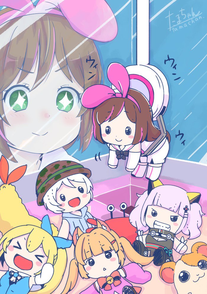 >_<, a.i._channel, animal_ears, artist_request, blue_eyes, character_request, crab, crossover