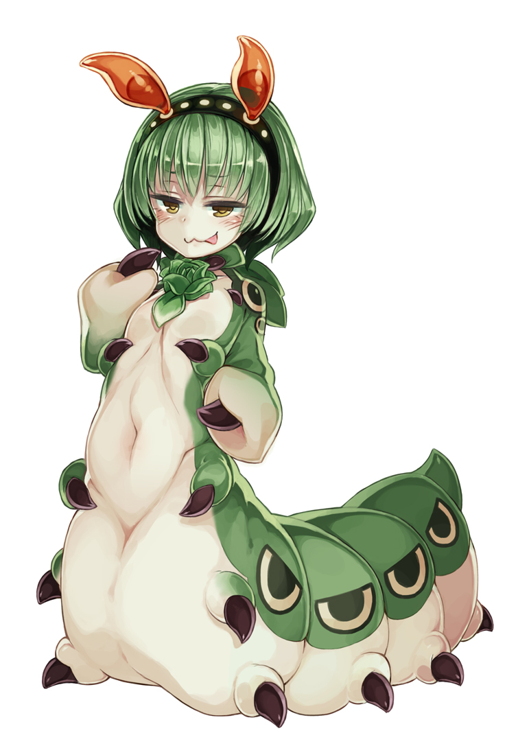 1girl, :3, :p, antennae, bangs, blush, brown_eyes, caterpillar, closed_mouth, flat_chest, flower, full_body, green_flower, green_hair, green_rose, greenworm_(monster_girl_encyclopedia), hairband, insect_girl, kenkou_cross, licking_lips, looking_at_viewer, monster_girl, monster_girl_encyclopedia, naughty_face, rose, short_hair, smile, solo, tongue, tongue_out