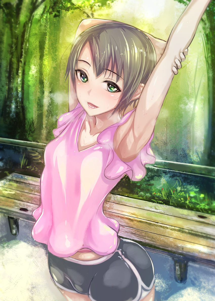 1girl, :d, armpits, arms_behind_head, brown_hair, green_eyes, highres, idolmaster, idolmaster_cinderella_girls, looking_at_viewer, open_mouth, otokura_yuuki, short_hair, shorts, smile, solo, sukumo_(kemutai), sweat
