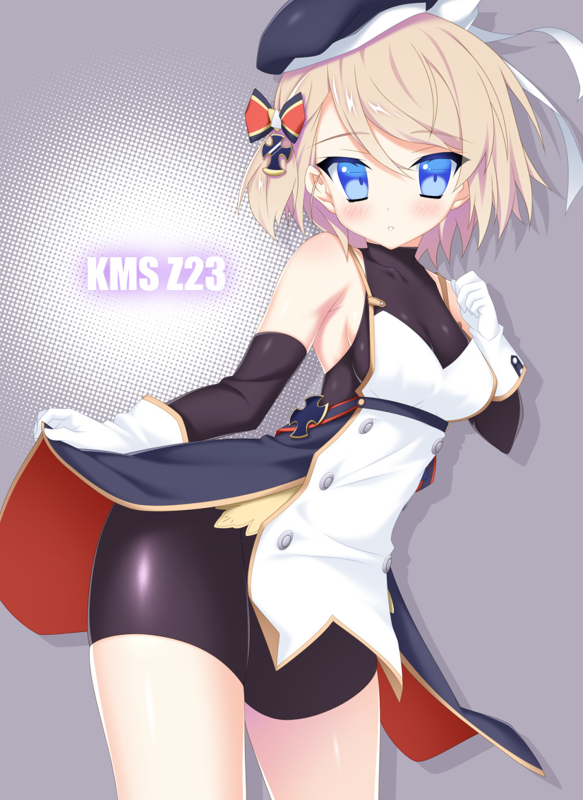 1girl, :o, azur_lane, bangs, bare_shoulders, beret, bike_shorts, black_dress, black_hat, black_shorts, blonde_hair, blue_eyes, blush, bow, breasts, character_name, commentary_request, dress, eyebrows_visible_through_hair, gloves, grey_background, hair_between_eyes, hair_bow, halftone, halftone_background, hat, highres, iron_cross, looking_at_viewer, medium_breasts, parted_lips, short_hair, shorts, sleeveless, sleeveless_dress, solo, striped, striped_bow, taira_takehiro, white_gloves, z23_(azur_lane)