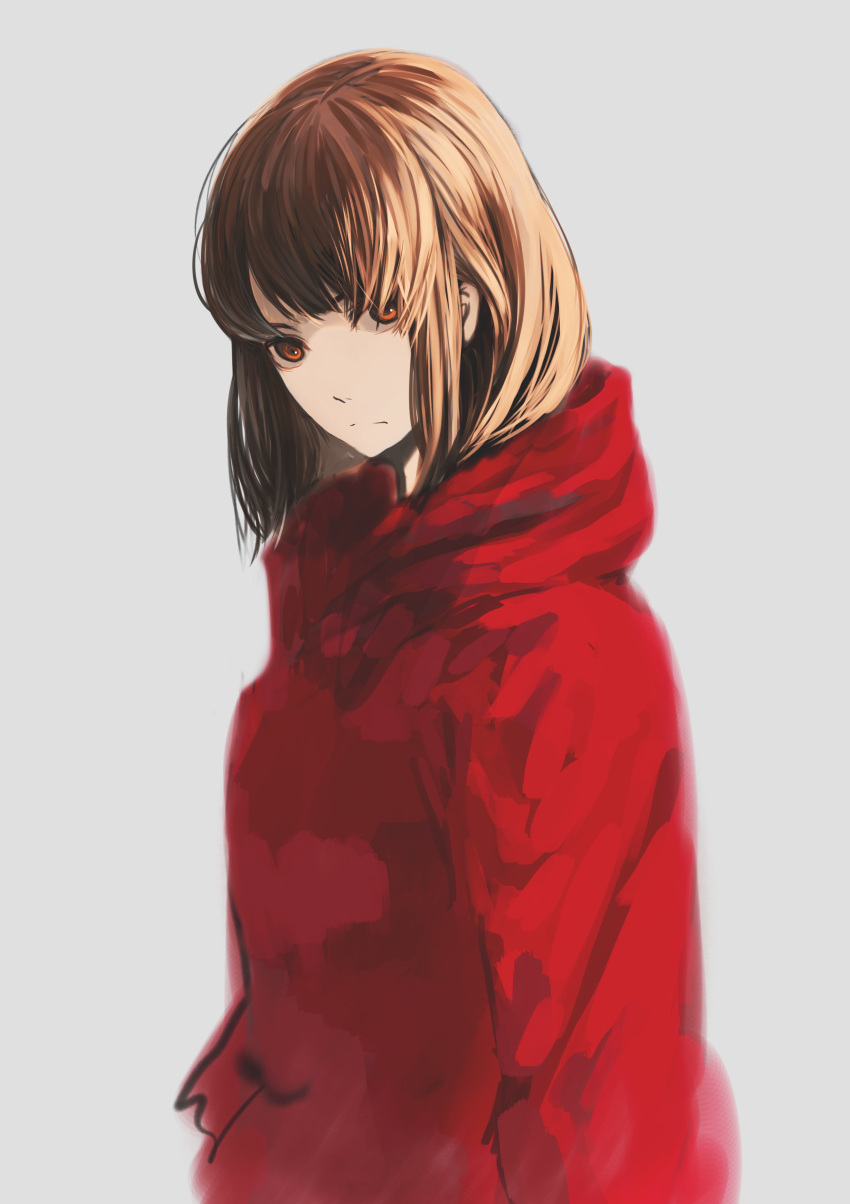 1girl, absurdres, bangs, brown_eyes, brown_hair, closed_mouth, from_side, grey_background