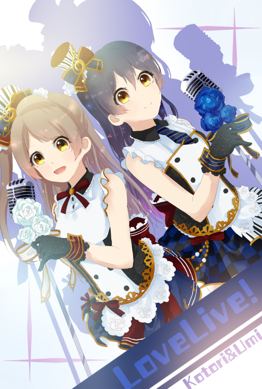 2girls, bangs, black_gloves, blue_hair, cafe_maid, character_name, checkered, checkered_skirt