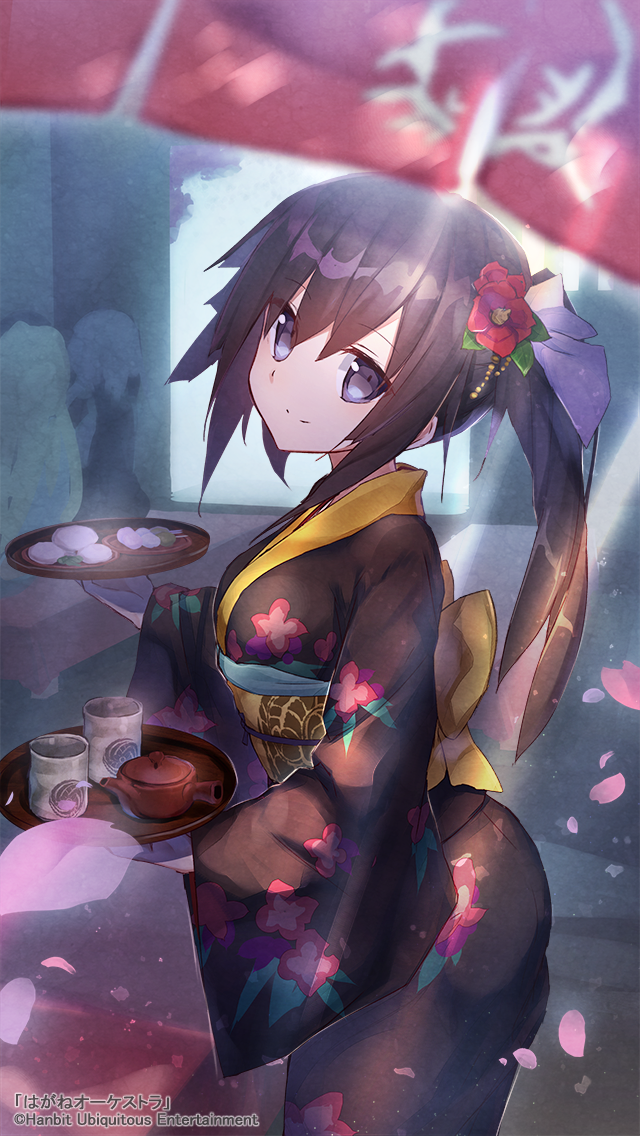 1girl, bangs, black_hair, black_kimono, bow, breasts, closed_mouth, cup, eyebrows_visible_through_hair, floral_print, flower, hagane_orchestra, hair_between_eyes, hair_flower, hair_ornament, hair_ribbon, holding, holding_tray, indoors, japanese_clothes, kimono, liebe, long_hair, long_sleeves, looking_at_viewer, looking_to_the_side, obi, official_art, petals, print_kimono, red_flower, ribbon, sash, side_ponytail, small_breasts, smile, solo_focus, tray, violet_eyes, white_ribbon, wide_sleeves, yellow_bow, yunomi