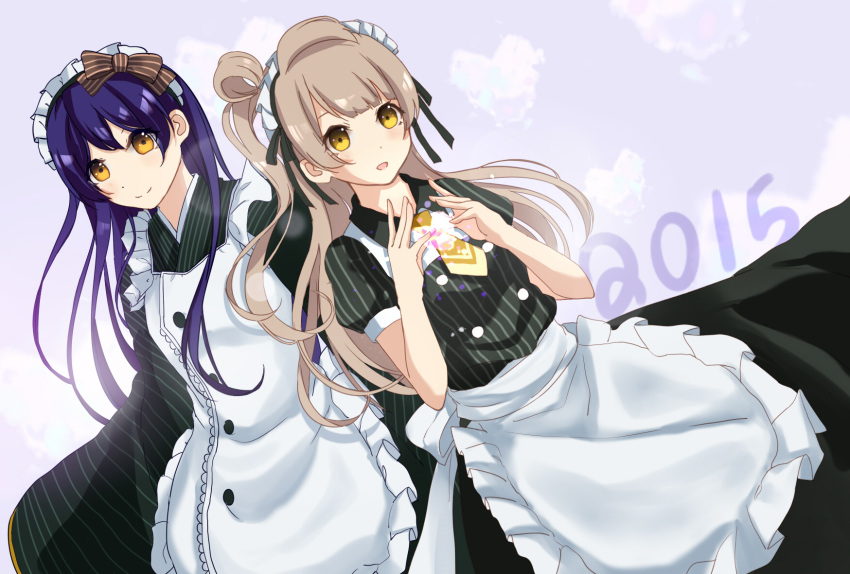2girls, alternate_costume, apron, bangs, blue_hair, commentary_request, dress, enmaided