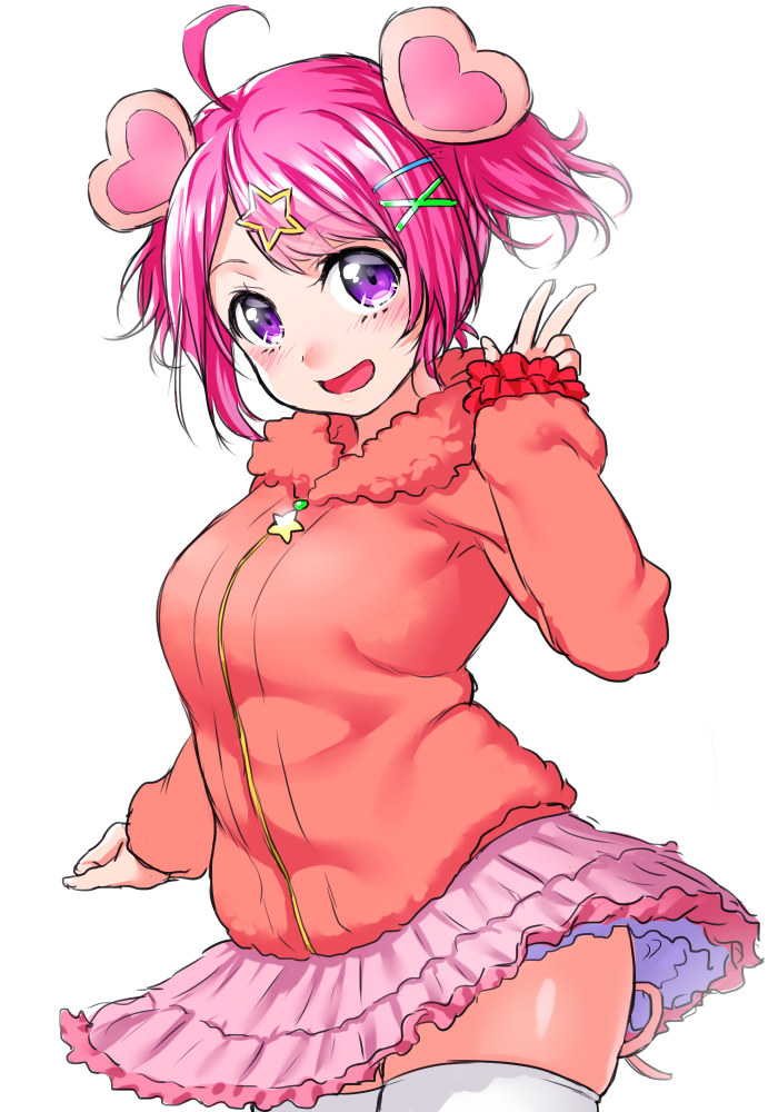 1girl, :d, ahoge, blush, breasts, copyright_request, cowboy_shot, eyebrows_visible_through_hair, hair_ornament, hairclip, hand_up, jacket, large_breasts, looking_at_viewer, onsoku_maru, open_mouth, orange_jacket, pink_hair, pink_skirt, short_hair, simple_background, skindentation, skirt, sleeves_past_wrists, smile, solo, standing, star, star_hair_ornament, thigh-highs, twintails, violet_eyes, w, white_background, white_legwear, wind, wind_lift, x_hair_ornament