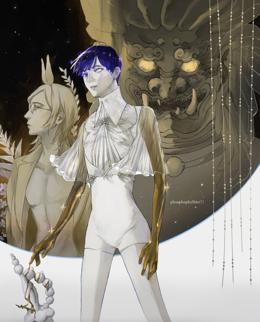 1boy, aechmea_(houseki_no_kuni), androgynous, bangs, blonde_hair, blue_eyes, blue_hair, blunt_bangs